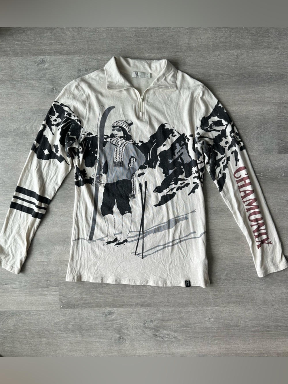 Vintage Neve Ski girl Graphic Quarter-Zip Pullover Silk & Wool Blend